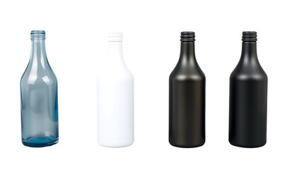 Four Glass Bottles in Various Colors Against Transparent Background