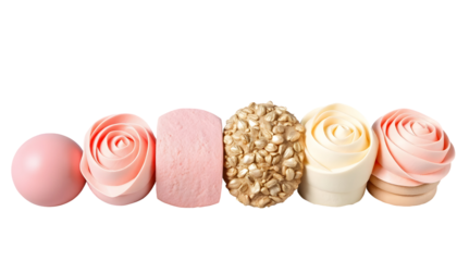 Assortment of exquisite sweets and confectionery items in a row