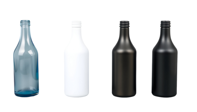 Four Glass Bottles in Various Colors Against Transparent Background