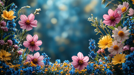 A vibrant frame of dainty wildflowers, their delicate blooms forming a natural halo around the scene, adding a touch of spring's gentle charm to the composition 