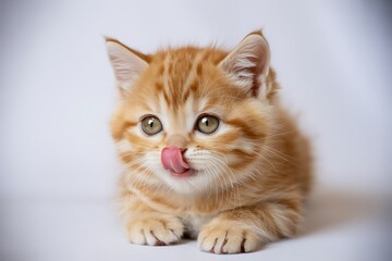 Obraz premium Adorable ginger kitten licking its nose on a white background studio shot