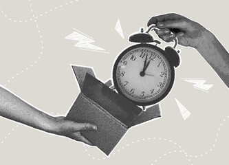 Trendy halftone collage. Watches from a box. Concept of delivering time, Time is gone, wasted time. Vector illustration