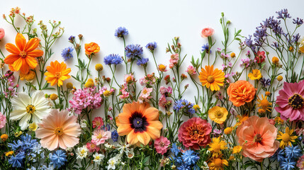 A vibrant frame, adorned with a kaleidoscope of colorful flowers in full bloom against the pristine backdrop of a clear white surface, inviting you to express your warmest sentiments with this 