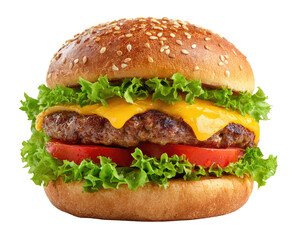 Close-up of a classic cheeseburger.  A juicy beef patty, melted cheese, crisp lettuce, and ripe tomato rest between two sesame seed buns