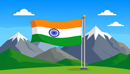 Illustration of the Indian flag waving in the wind with mountains and a blue sky in the background.