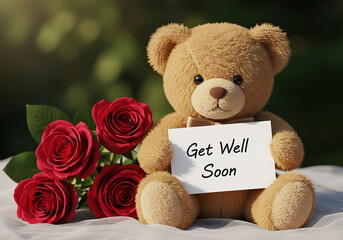 Teddy bear holding get well soon sign surrounded by red roses for healing