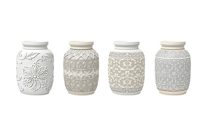 Four Decorative Vases with Ornate Relief Detailing