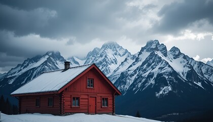 Fototapeta premium A solitary red cabin nestled against a backdrop of snow-capped mountains under a cloudy sky