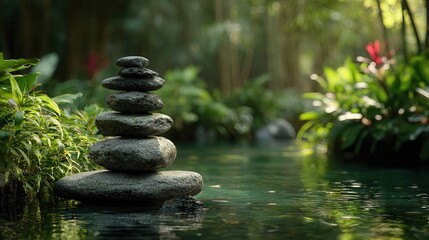 Artfully Balanced Stack of Smooth Naturally Textured River Stones Promoting Serenity and Mindfulness in Eco-Friendly Decor
