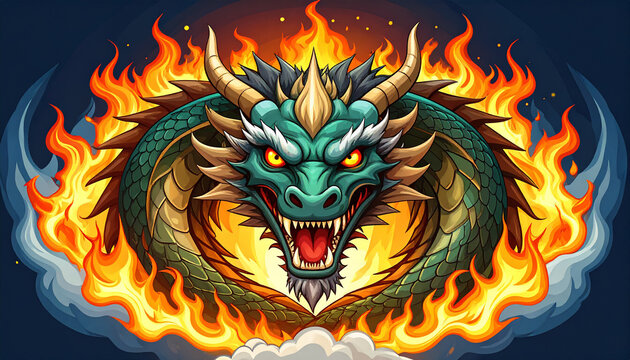 A vibrant illustration of a green dragon encircled by flames, with a fierce expression. - Powered by Adobe