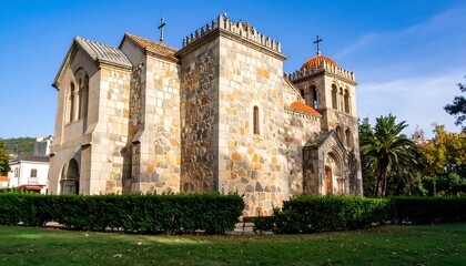 Fototapeta premium Historic Stone Church with Crenellated Towers and Lush Greenery Under Blue Sky.