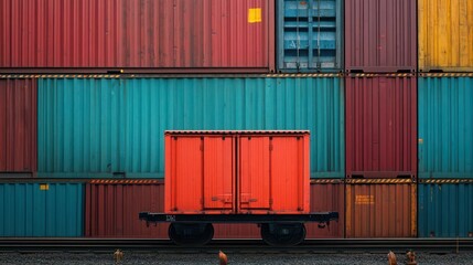 Fototapeta premium Colorful cargo containers stacked in a freight yard with one red container on a flatbed train car close-up shot emphasizing industrial transportation and shipping infrastructure