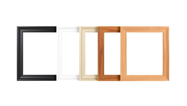 Collection of diverse wooden picture frames with transparent centers