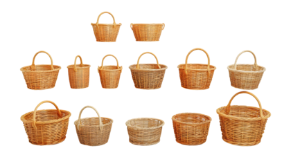 Collection of various woven baskets with handles on transparent backdrop