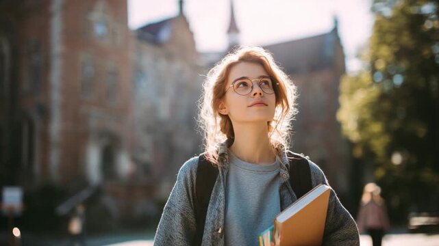Young Student with Books at University: A young, studious individual, immersed in thought, strides through a historic university campus, with books in hand.