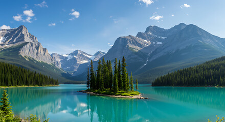 Panorama view of Spirit Island in Maligne Lake, Jasper National Park, Alberta, Canada &mdash; scenic mountain landscape travel destination