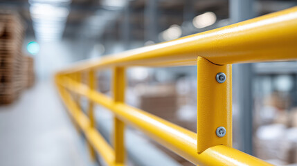 Yellow safety rail sturdy handrail industrial interior metal barrier secure walkway protective railing warehouse safety modern facility blurred background focus on detail