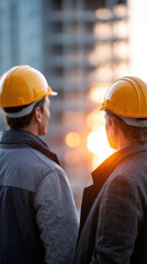Construction site workers wearing safety helmets observe building at sunset, highlighting teamwork and business progress in industry