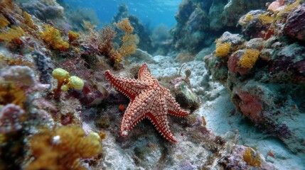 Vibrant red starfish with white texture resting on colorful coral reef. Underwater scene of diverse marine life and clear blue ocean.