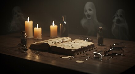 A wooden table displays an open book candles bottles broken glass and ghostly apparitions