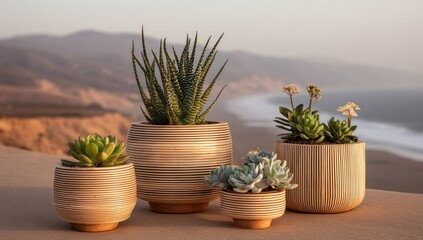 Obraz premium Succulent plants in light beige wooden planters.