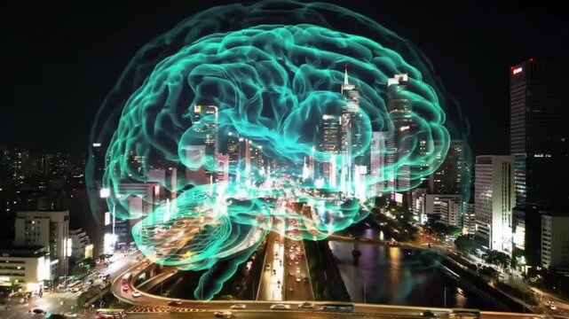 Double exposure effect of a human brain over a bustling cityscape at night, symbolizing intelligence and connectivity