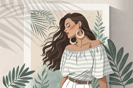 Elegant Woman with Tropical Leaves