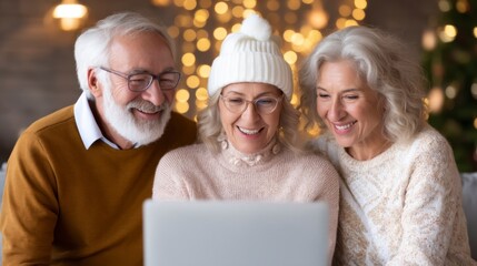 Three seniors happily engage with a laptop, smiling and sharing a joyful moment, surrounded by festive lights.