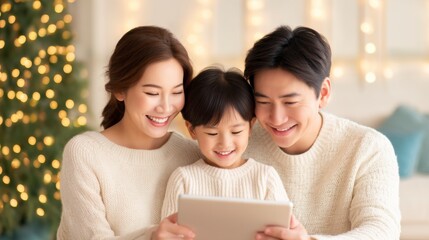 A joyful family shares a moment together, smiling while looking at a tablet, surrounded by festive decorations.