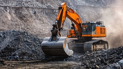 An orange excavator operates within a large open-pit mine. The machine is actively digging into a massive pile of gray rock and dirt. Dust and debris billow around the excavator's bucket and arm. 