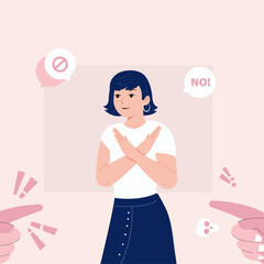 A confident woman with crossed arms says NO while surrounded by people trying to influence her. This image represents the importance of setting boundaries and asserting oneself.