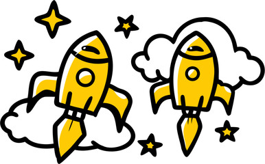 Obraz premium Two cartoon rockets taking off surrounded by stars and clouds in a simple line drawing style design