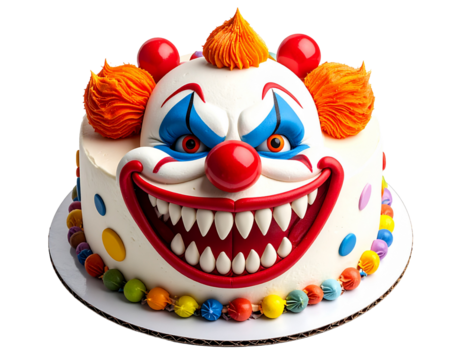 A creepy clown face cake with a sinister smile and sharp teeth, ideal for a spooky event.