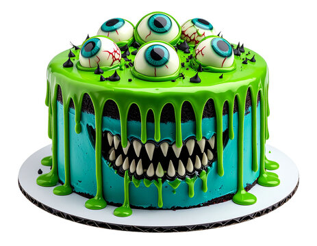 A grotesque zombie face cake with eyeballs and green frosting, perfect for a horror theme.