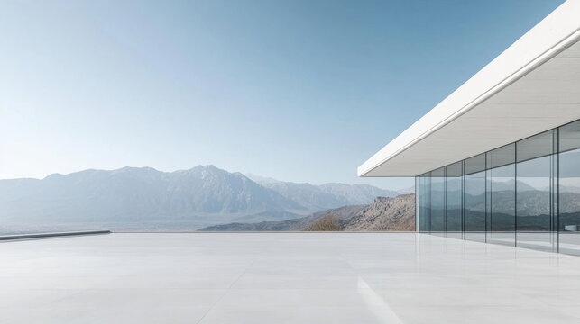 Minimalist Interior with Large Glass Windows and Mountain View
