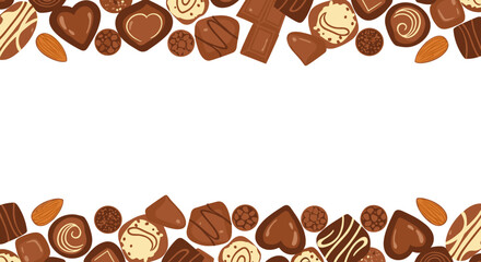 Fototapeta premium A festive collection of assorted chocolate sweets and almonds creating an appetizing border design