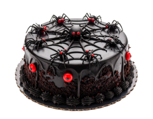A cake with red spiderwebs and a creepy spider, a perfect treat for a spooky party.