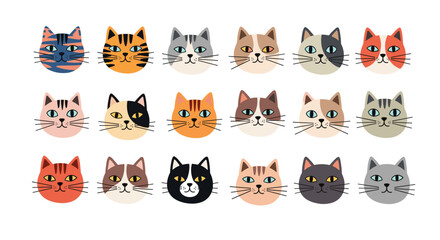 A whimsical collection of adorable cartoon cat faces featuring diverse breeds and expressive eyes for a playful aesthetic