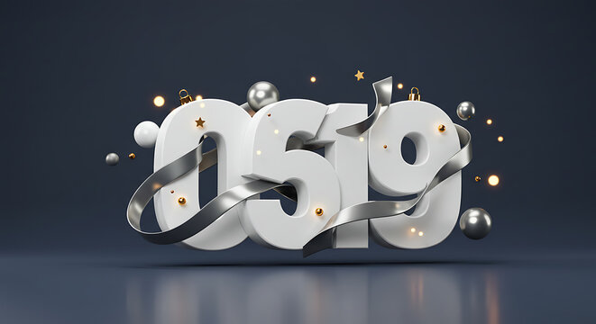 Elegant 2019 New Year Design 3D Rendered Numbers with Ribbons and Festive Elements