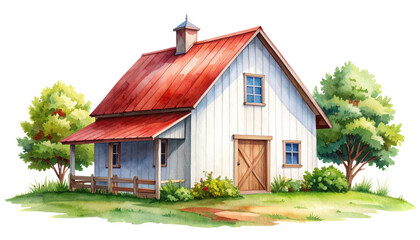 Quaint white farmhouse with red roof, nestled amongst lush green trees.