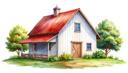 Quaint white farmhouse with red roof, nestled amongst lush green trees.