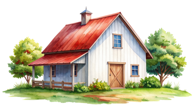 Quaint white farmhouse with red roof, nestled amongst lush green trees.