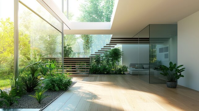 A modern, luxurious house features a large glass-enclosed atrium with a staircase leading down to a lush garden. Sunlight streams through the expansive windows