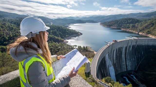 Dam Inspection: A female engineer meticulously examines blueprints atop a dam, her gaze fixed on the serene reservoir waters, embodying precision and environmental consciousness.