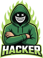 Cartoon Hacker Character with Green Flames and Grinning Face on White Background Keywords: hacker