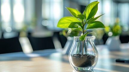A small green plant sprouts from a clear glass vase filled with soil on a wooden table. The plant is illuminated by natural light streaming through a large window
