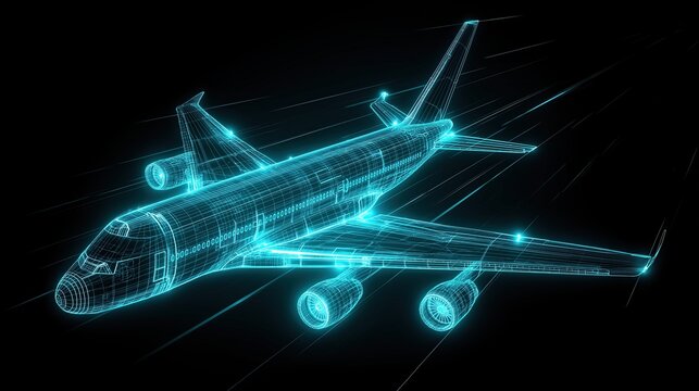 Futuristic wireframe airplane glowing in digital space