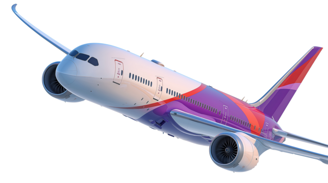 Commercial passenger airplane in flight, isolated on transparent background