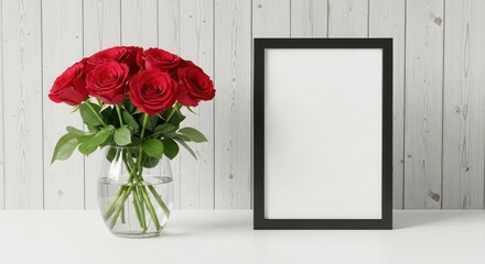 Red roses in a glass vase are placed next to a blank picture frame on a white surface against a light wooden wall.