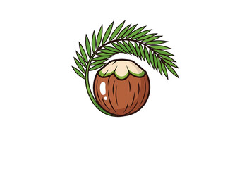 A Fresh Coconut with a Green Palm Frond Curved Around It, Isolated on White